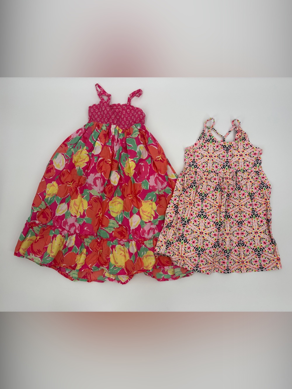 Girls Floral & Geometric Tank Dresses — Pink Multicolor